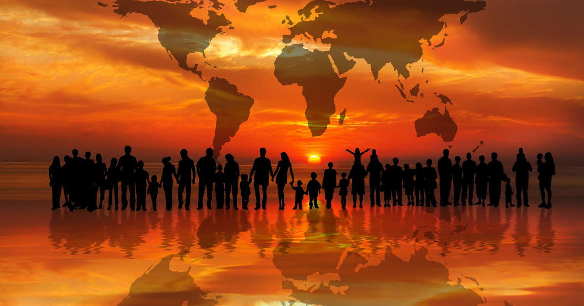 people world map sunset